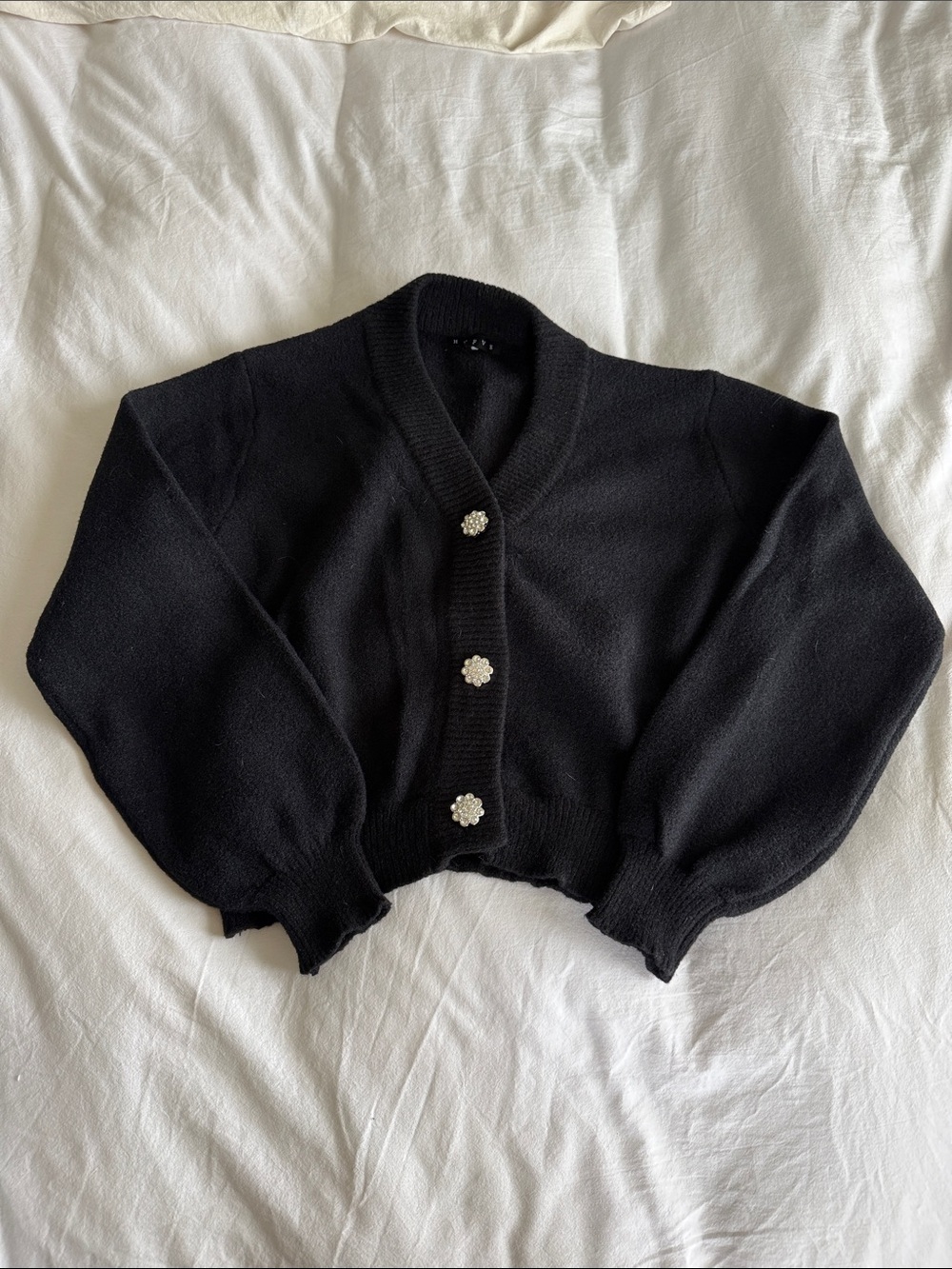 HYFVE Black Cropped Cardigan with Floral Jewel Buttons